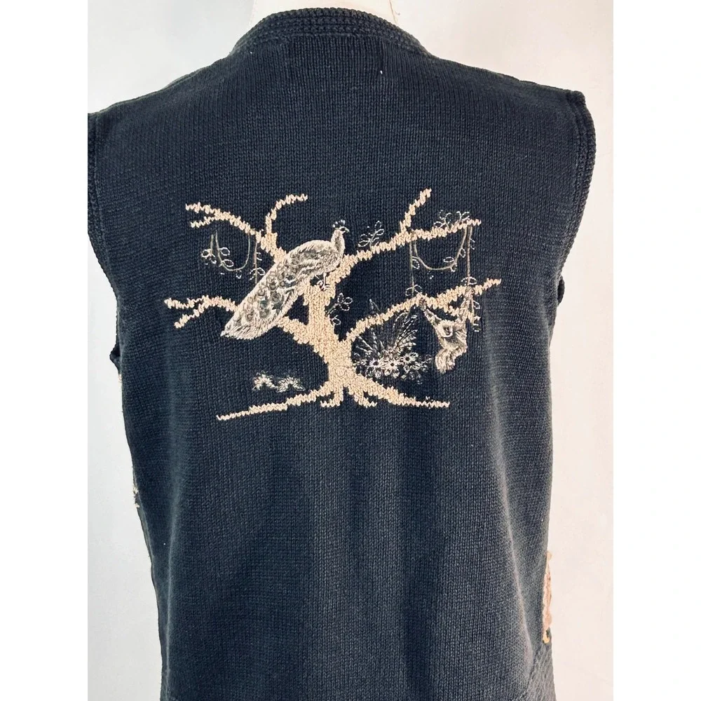 Sharon Young Sportswear Safari Animal Knit Vest‎ Black Peacock Zebra Giraffe Vtg
